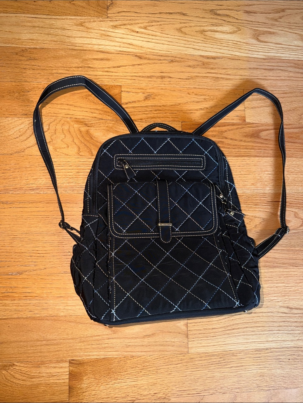 Vera Bradley Black Microfiber Backpack with Blue and White Stitching